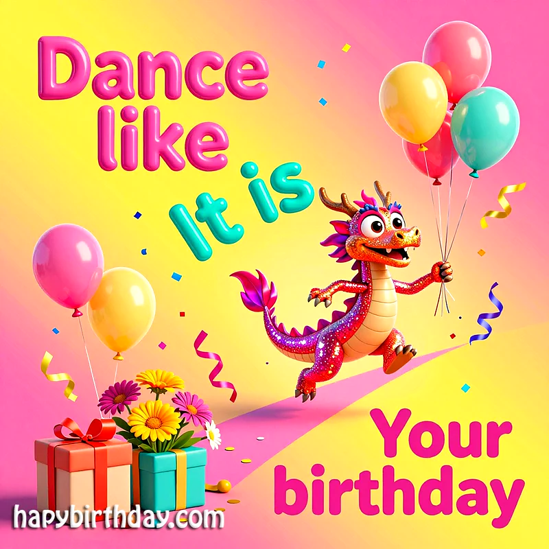 A vibrant birthday greeting card featuring a glittery cartoon dragon joyfully holding colorful balloons amidst confetti, festive gifts, and a charming bouquet of flowers, all set against a radiant pink and yellow gradient background.
