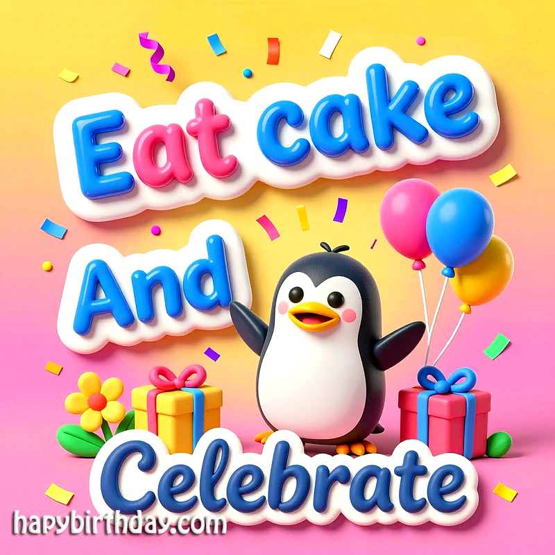 A cheerful 3D cartoon penguin with open wings, surrounded by colorful balloons, wrapped gifts, and confetti, against a vibrant yellow and pink gradient. Text reads "Eat cake And Celebrate".