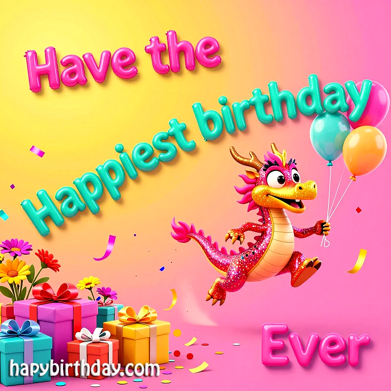 A cute, glittery pink and yellow dragon flies while holding balloons next to a stack of colorful gift boxes and flowers in a vibrant party setting.