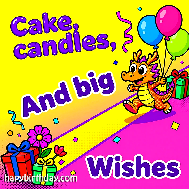 Vibrant birthday card featuring a cheerful cartoon dragon holding colorful balloons, surrounded by gifts, flowers, and confetti, with the text 'Cake, candles, And big Wishes'.