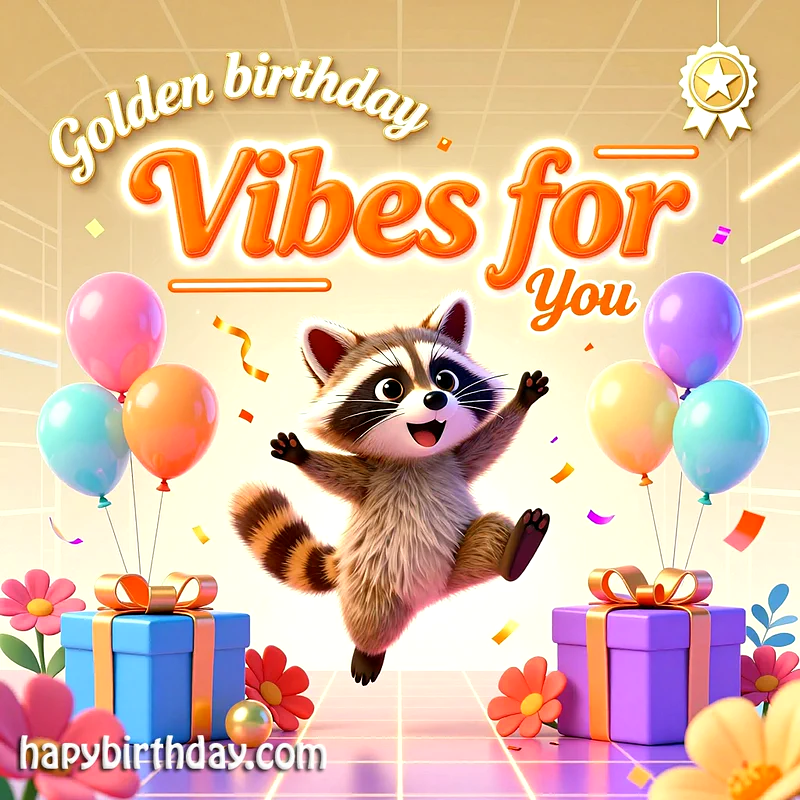 A cheerful raccoon dances amidst colorful balloons and gifts, creating a joyful birthday scene.