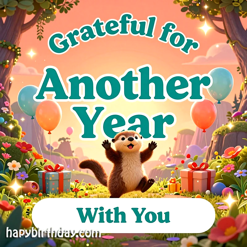 A joyful cartoon otter stands in a vibrant meadow surrounded by wrapped gifts and floating balloons under a warm sunset sky.