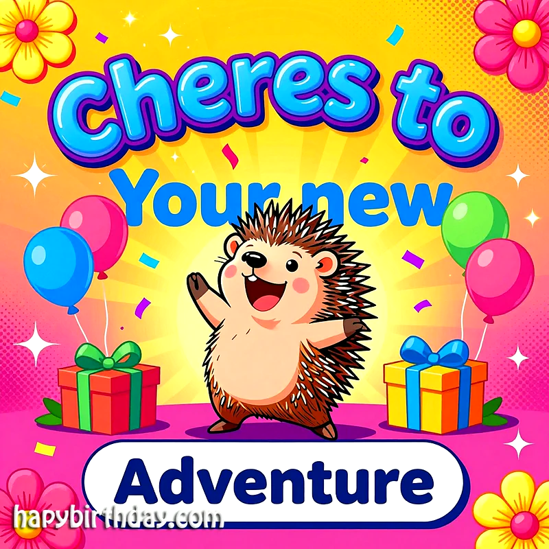 A cheerful cartoon hedgehog waves on a vibrant pink and yellow background, surrounded by colorful balloons, festive confetti, and neatly wrapped birthday gifts. This image celebrates a new adventure with joy.