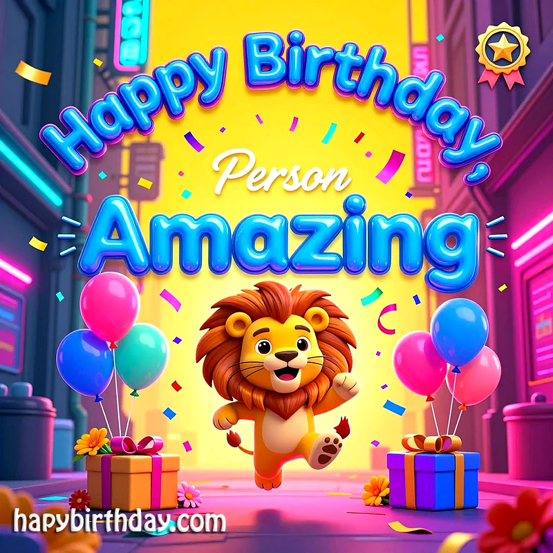 A cheerful cartoon lion dancing in a vibrant neon city street surrounded by colorful balloons, gift boxes, flowers, and falling confetti, with the text Happy Birthday Person Amazing displayed in giant blue bubble letters.
