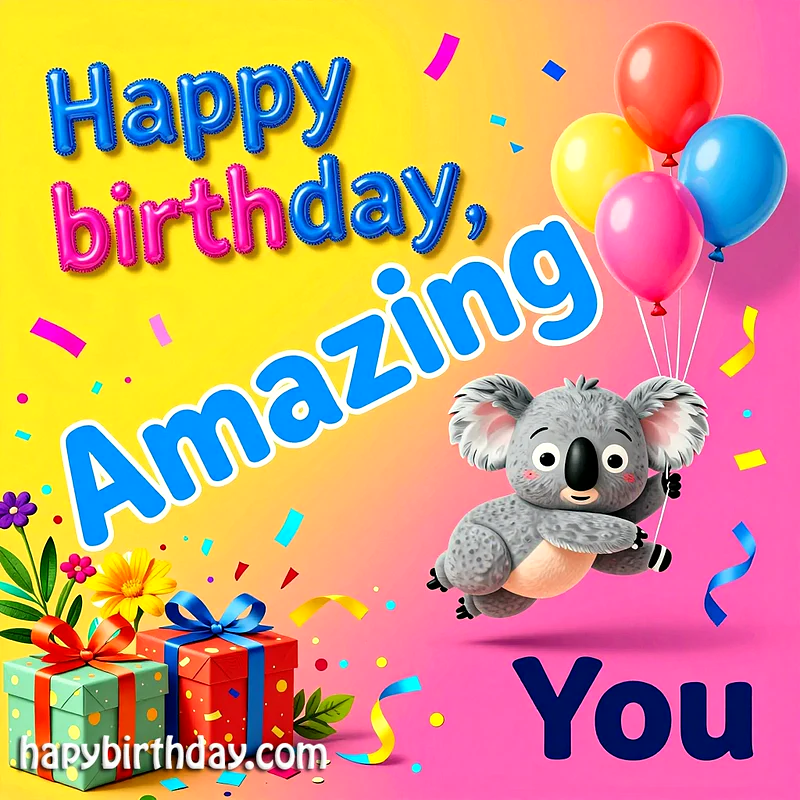 A cheerful birthday card featuring a cute cartoon koala holding a vibrant bunch of balloons against a yellow and pink gradient background, with colorful gifts and confetti scattered around, conveying warm wishes.