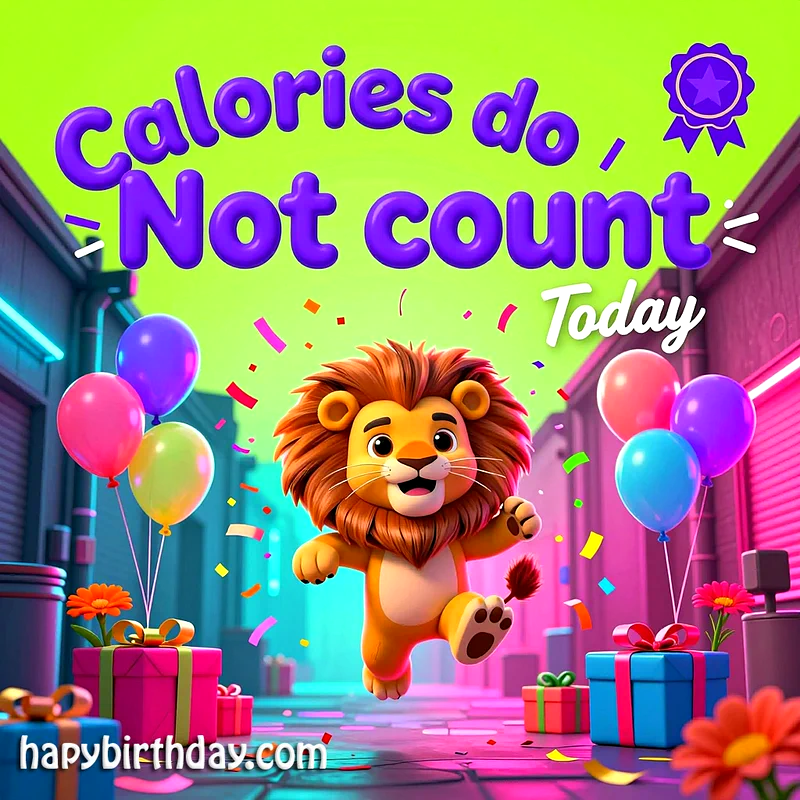 A cheerful cartoon lion dances among colorful balloons and wrapped birthday gifts on a vibrant street. Confetti sprinkles around, with the playful text 'Calories do Not count Today' above.