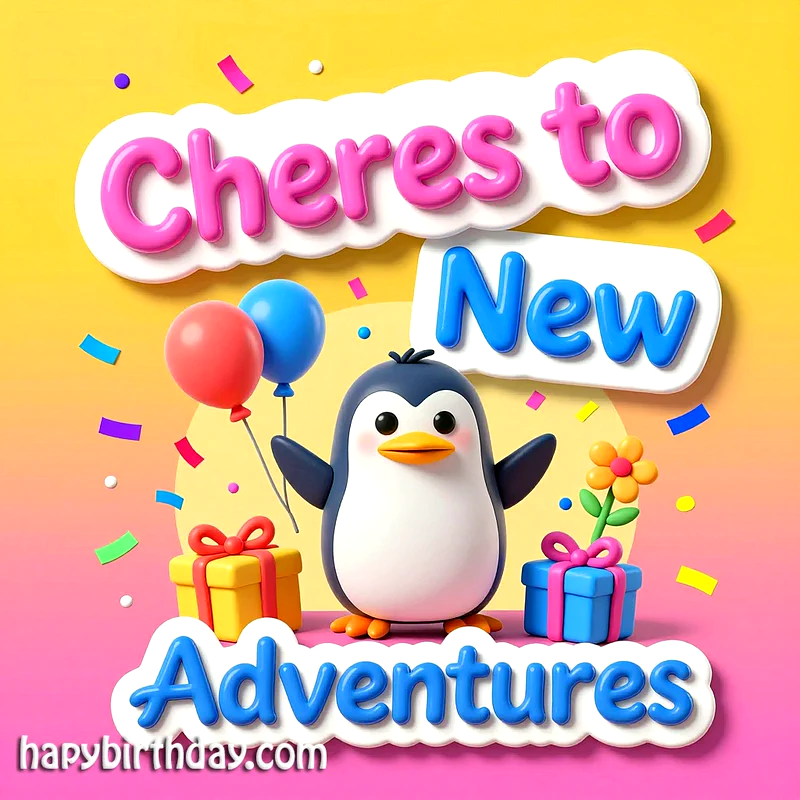 A cheerful 3D rendered penguin with open arms, surrounded by confetti, holding balloons, standing between two colorful gift boxes. The vibrant image conveys a sweet, celebratory mood for new adventures.