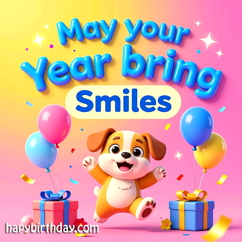 A cheerful cartoon puppy with a big smile jumps amidst pink, blue, and yellow balloons, surrounded by colorful gift boxes and confetti, conveying a happy birthday wish.