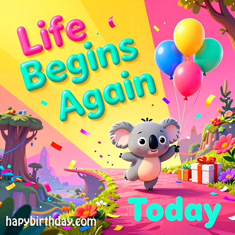 A vibrant birthday card featuring a cheerful cartoon koala holding colorful balloons, walking on a path surrounded by confetti, gifts, and whimsical flowers, symbolizing a joyful new beginning.