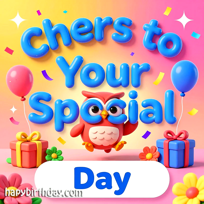 A heartwarming birthday greeting card showcasing a cute red owl amidst playful blue text that reads 'Cheers to Your Special Day'. Festive balloons, colorful gift boxes, and sparkling confetti fill the bright, cheerful scene.