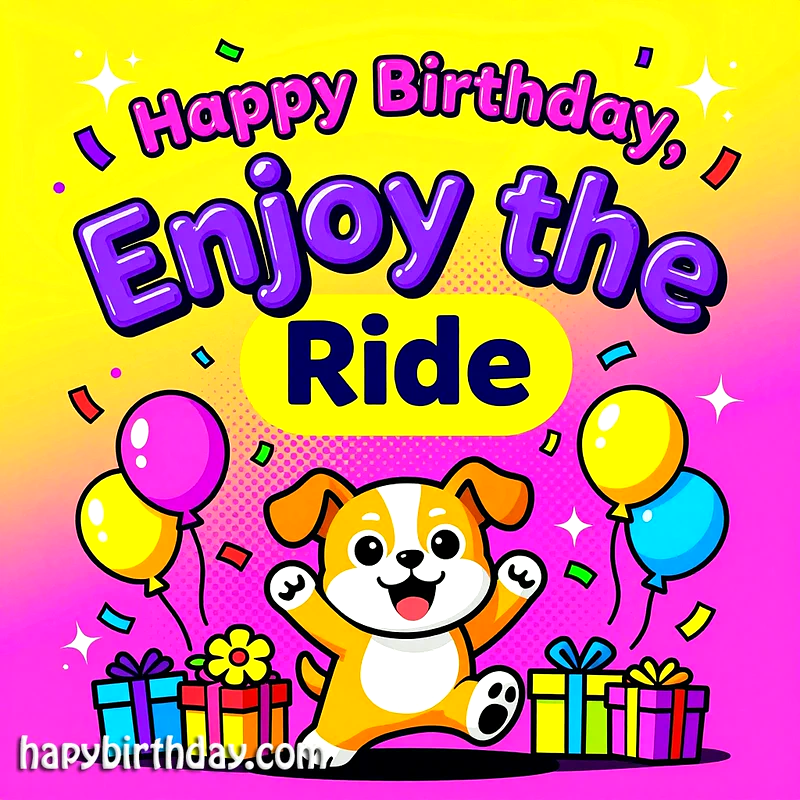 A cheerful cartoon puppy celebrating a birthday, surrounded by vibrant gifts, colorful balloons, and confetti. The bright pink and yellow gradient background radiates pure joy and festive energy.