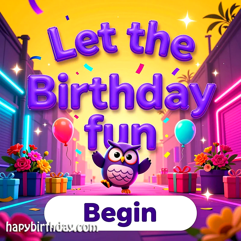 A cheerful purple owl with outstretched wings stands on a vibrant street. Confetti, colorful balloons, and festive gift boxes surround it. Bright neon lights illuminate the joyous birthday scene.