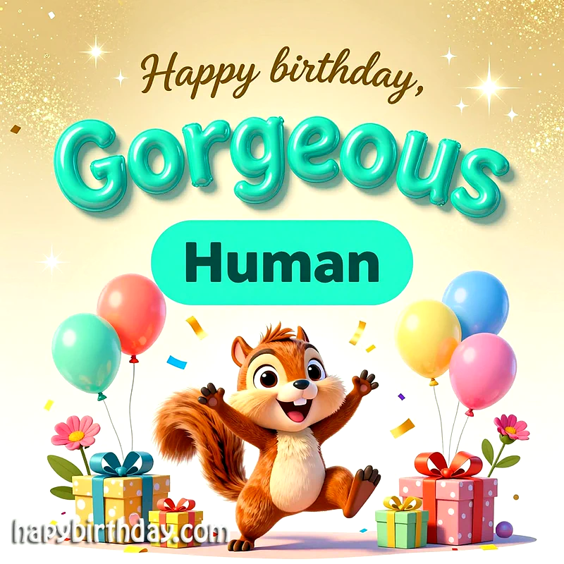 A cheerful, cartoon-style squirrel with outstretched arms celebrates amidst colorful balloons, wrapped gifts, and sparkling confetti on a golden background. The text reads 'Happy birthday, Gorgeous Human', conveying loving birthday joy.