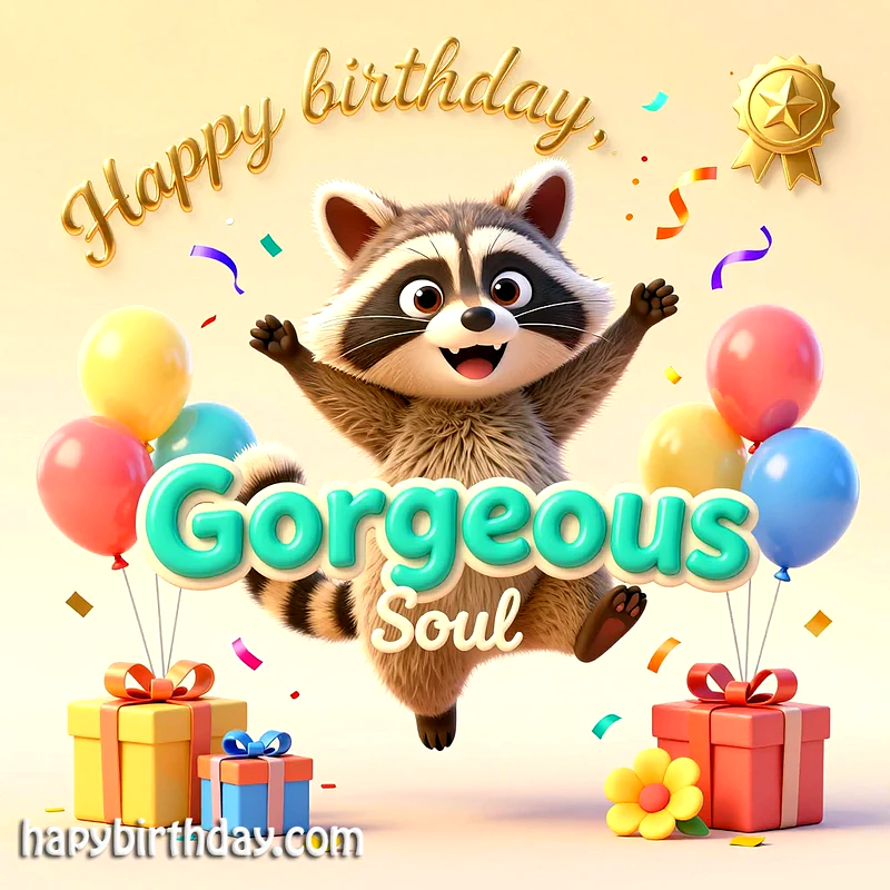 A cheerful cartoon raccoon with open arms celebrates a birthday. Colorful balloons, wrapped gifts, and sparkling confetti fill the festive light yellow background, wishing a gorgeous soul a happy day.