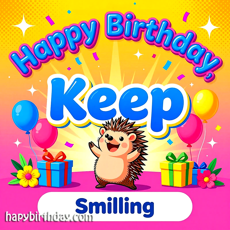 A cheerful hedgehog stands among colorful balloons and birthday gifts, surrounded by confetti, with the vibrant message 'Happy Birthday! Keep Smiling' against a bright yellow and pink background.