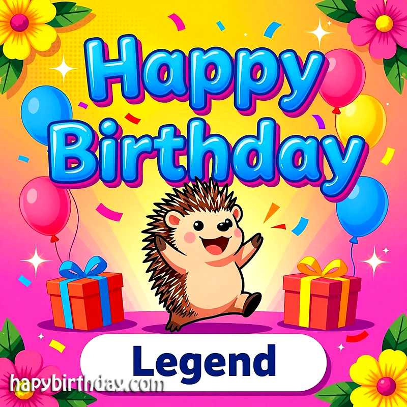 Happy Birthday Legend Card: Vibrant Wishes with a Cute Hedgehog & Gifts