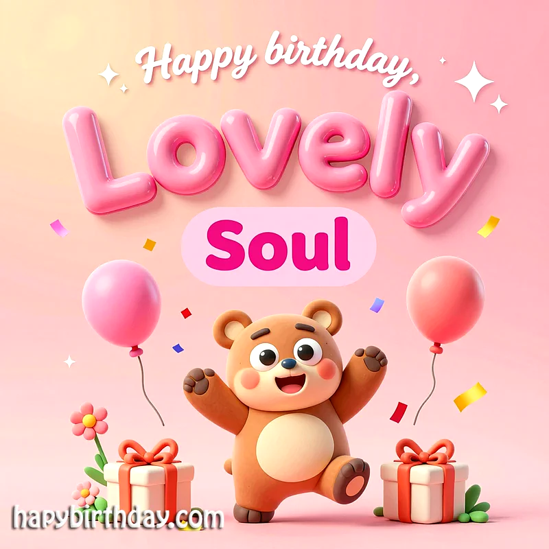 A joyful claymation-style brown bear celebrates with pink balloons, wrapped gifts, and falling confetti. The sweet card features 'Happy Birthday, Lovely Soul' on a vibrant pink background.