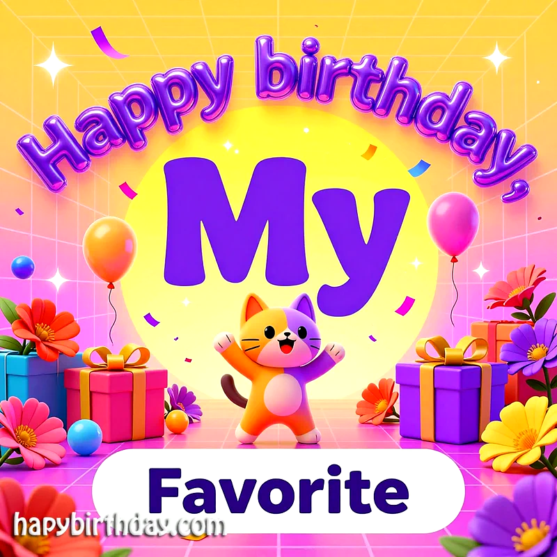 A cheerful cartoon cat with orange and purple fur, arms open wide, surrounded by colorful balloons, wrapped gifts, and vibrant flowers, conveying a heartfelt "Happy Birthday, My Favorite" message.