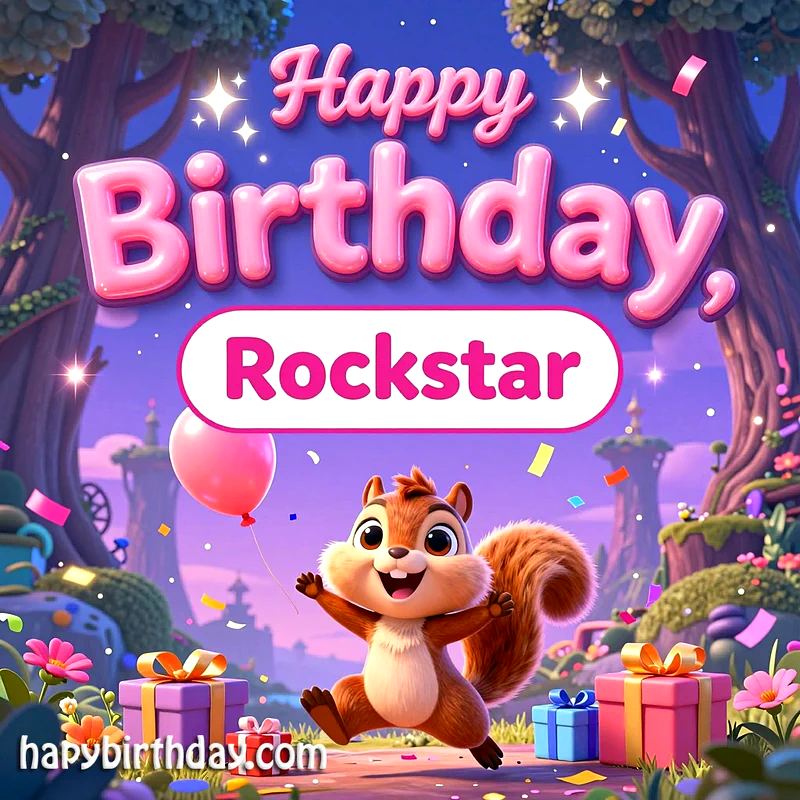 A cheerful cartoon chipmunk jumps with a pink balloon amidst falling confetti and colorful gifts. Text reads 'Happy Birthday, Rockstar', set in a magical, festive forest with sparkling stars.