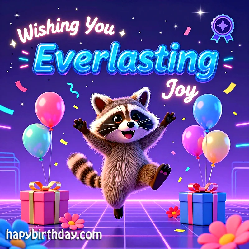 A vibrant birthday card featuring a happy cartoon raccoon leaping amidst colorful balloons and wrapped gifts. Confetti floats around a glowing purple grid, conveying pure, everlasting joy.