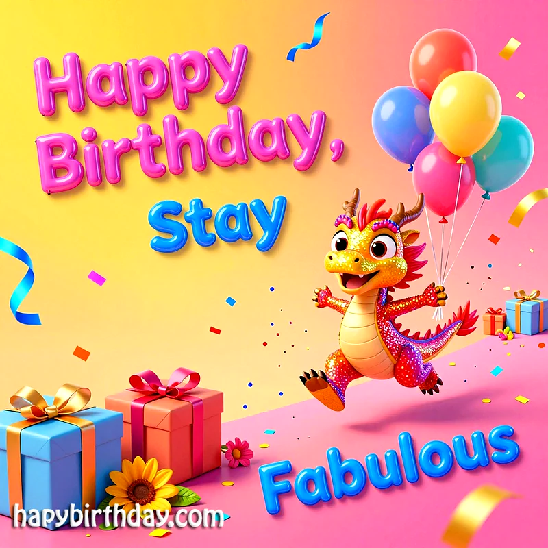 A vibrant birthday card featuring a happy, glittery cartoon dragon holding colorful balloons. Two gift boxes, scattered confetti, and streamers create a festive, cheerful atmosphere, wishing someone to 'Stay Fabulous'.