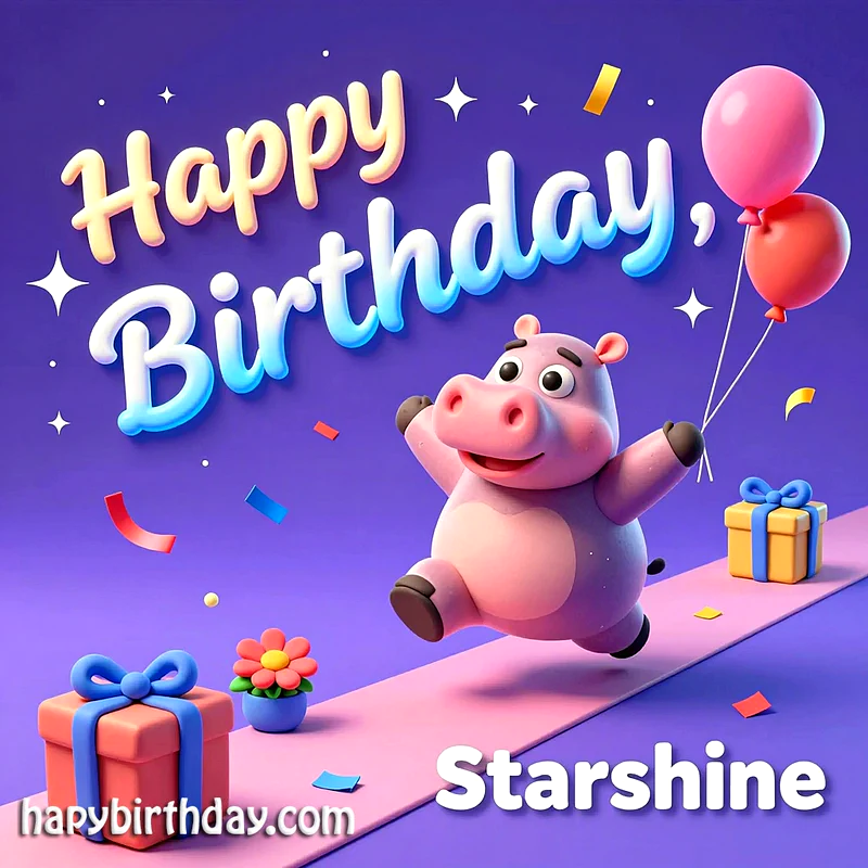 A joyful pink hippo celebrates a birthday on a vibrant purple background, surrounded by colorful confetti, gift boxes, and balloons, with 'Happy Birthday Starshine' written in a cheerful, bubbly font.