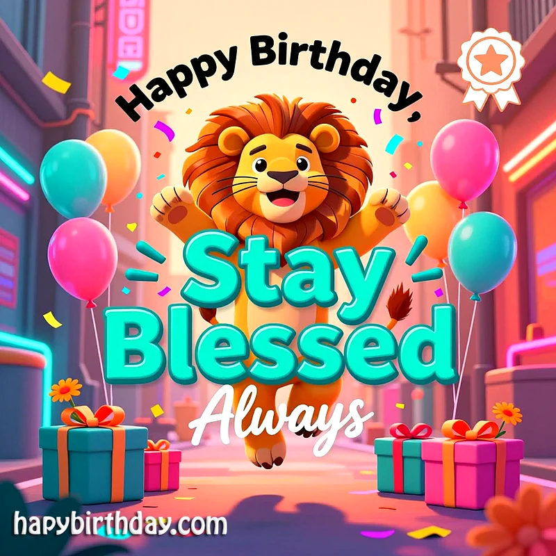 Happy Birthday, Stay Blessed Always: A Joyful Lion Greeting Card