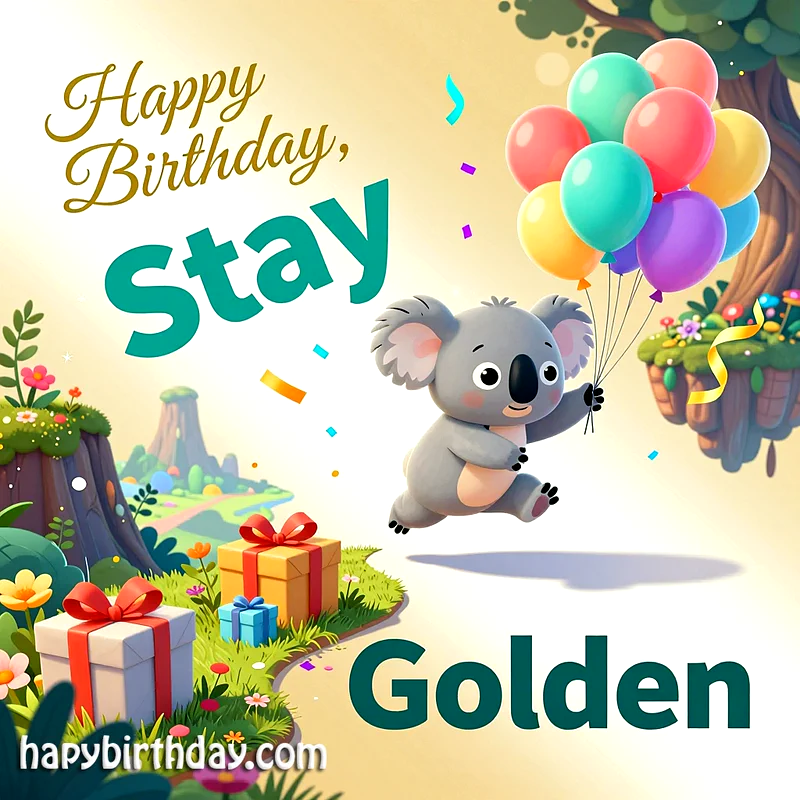 A cheerful koala holds colorful balloons, jumping past wrapped birthday gifts on a green path. Text: "Happy Birthday, Stay Golden," set against a warm background with confetti.