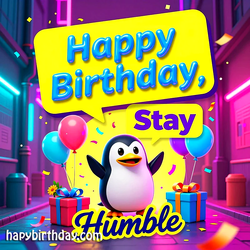 A delightful cartoon penguin stands amidst colorful balloons and wrapped gifts, with confetti falling in a vibrant neon cityscape. Text reads: 'Happy Birthday, Stay Humble'.