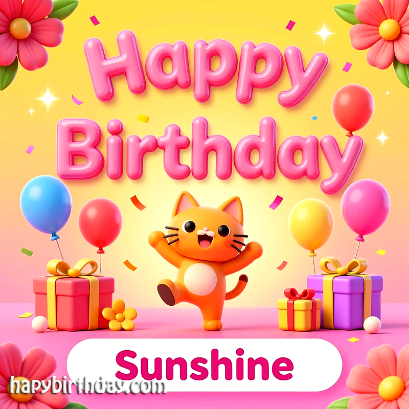 A cheerful orange cartoon cat with raised paws stands amidst colorful balloons, gift boxes, and confetti, celebrating a 'Happy Birthday Sunshine' message on a vibrant yellow and pink background. Joyful and festive.