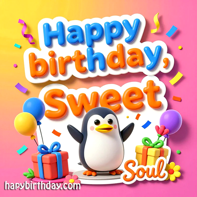 A cheerful 3D penguin joyfully celebrates a birthday with vibrant balloons and colorful gifts. Confetti dances around the bold text 'Happy birthday, Sweet Soul' on a bright gradient background, conveying warmth.