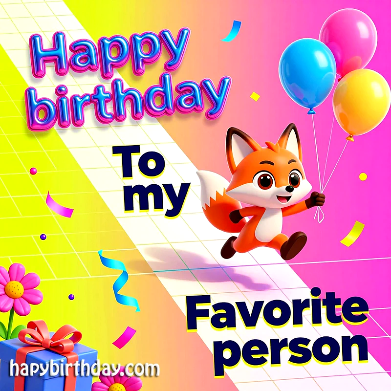 Cute cartoon fox running with colorful balloons against striped background with birthday text, gift box, flowers, and confetti celebrating a special occasion