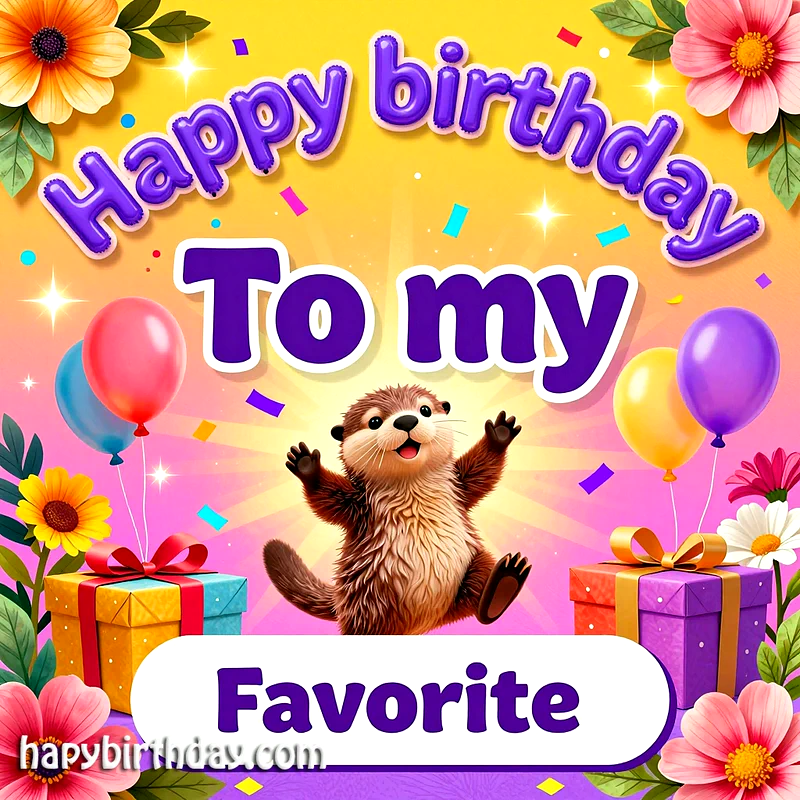 Cute dancing brown otter character with raised paws surrounded by purple and yellow gift boxes with ribbons, colorful balloons in pink blue and yellow, vibrant flowers including pink daisies and sunflowers, purple puffy text reading Happy Birthday To My Favorite on gradient yellow pink background with confetti and sparkling stars creating festive celebration atmosphere