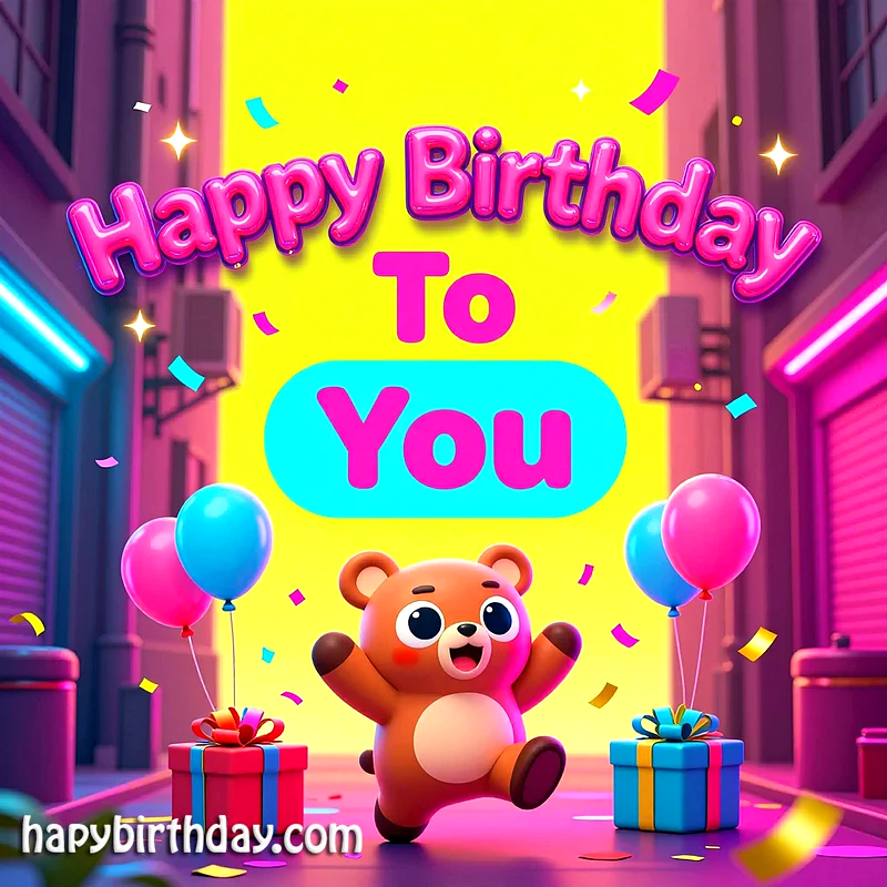 A joyful cartoon bear with open arms celebrates amidst confetti and gifts. Pink and blue balloons complement the happy character against a vibrant, colorful background, creating a festive birthday scene.