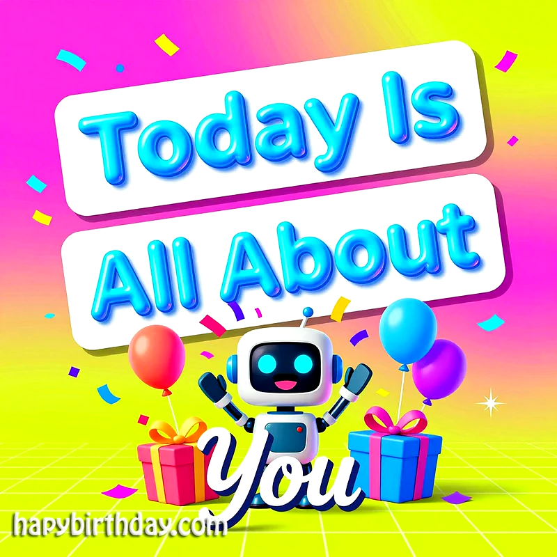A cheerful robot with open arms celebrates a birthday, surrounded by bright gift boxes, colorful balloons, and festive confetti on a vibrant yellow and pink background. The card reads 'Today Is All About You'.