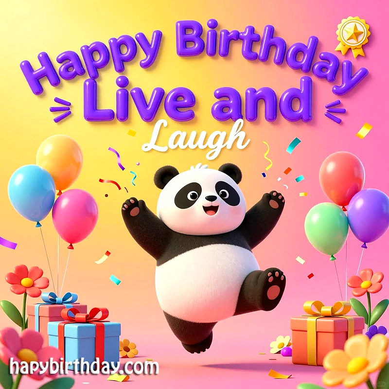 A cheerful cartoon panda cub happily jumping amidst colorful balloons, gift boxes, and confetti, with 'Happy Birthday Live and Laugh' text on a vibrant pink and yellow background, radiating joy and celebration.