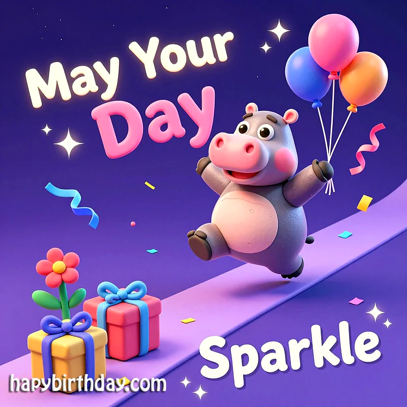 A cheerful claymation-style hippo celebrates a birthday on a purple path, holding colorful balloons. Two wrapped gifts and a flower sit nearby, with confetti and sparkling text reading 'May Your Day Sparkle'.