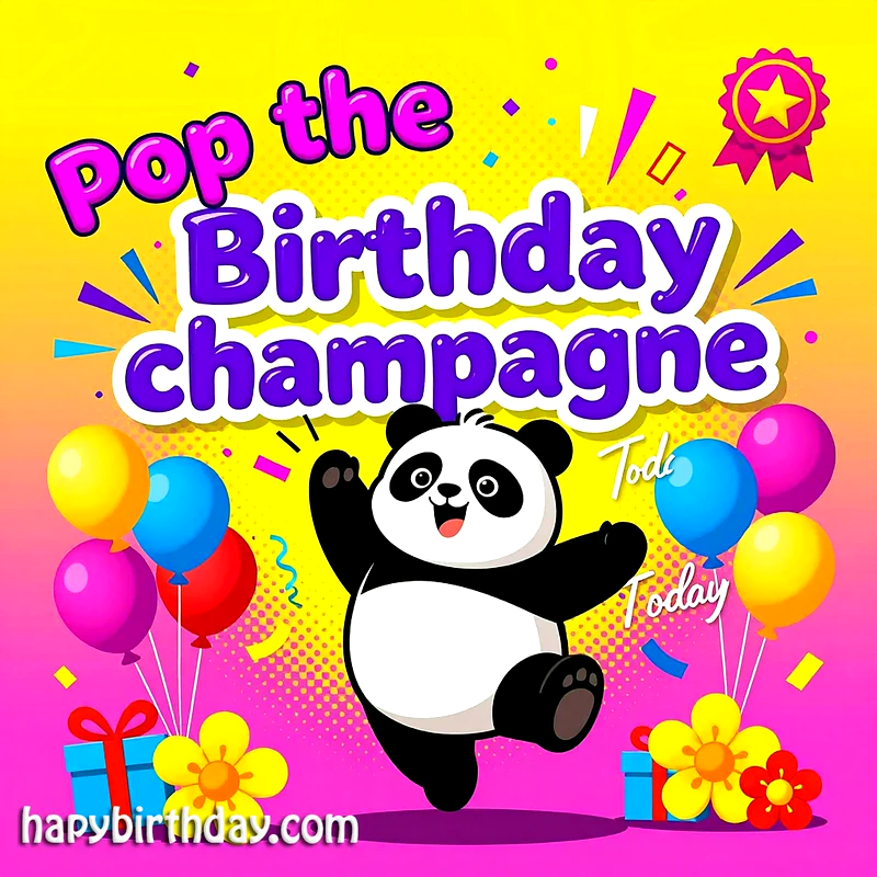 A vibrant birthday card shows a cheerful dancing panda amidst colorful balloons, gift boxes, and confetti. Bold text 'pop the Birthday champagne' stands out on a bright yellow-to-pink background, radiating pure celebration.