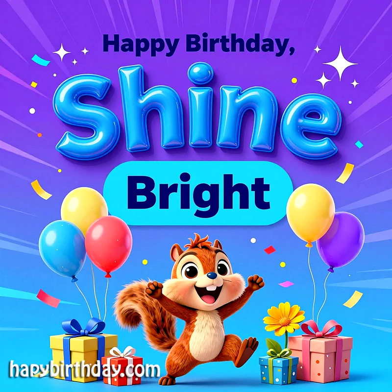 A cheerful squirrel jumps with joy amidst vibrant birthday balloons and colorful gift boxes, under the gleaming message 'Happy Birthday, Shine Bright' on a radiant purple-blue backdrop.
