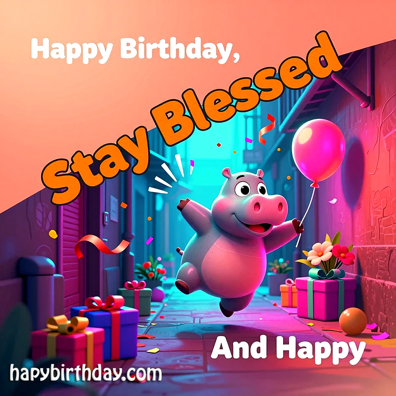 A cheerful hippo cartoon, smiling broadly while holding a bright pink balloon, floats amidst falling confetti. Vibrant gifts wrapped in colorful paper with bows line a neon-lit alley, creating a joyful birthday scene.