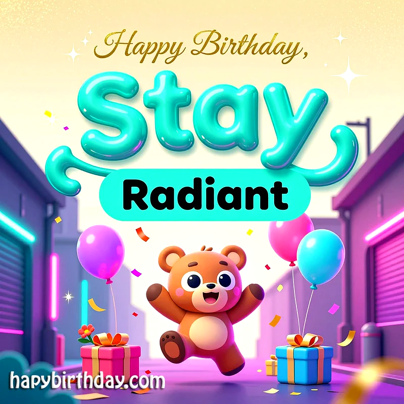 A happy brown teddy bear jumping with joy amidst colorful gift boxes and balloons. Confetti falls in a vibrant, festive street scene. The text reads 'Happy Birthday, Stay Radiant.'