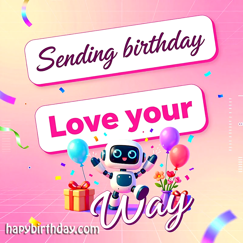 A cute white robot beams, surrounded by blue, purple, and red balloons, a gift, and flowers. Confetti sprinkles on a pink background, sending birthday love your way with joy.
