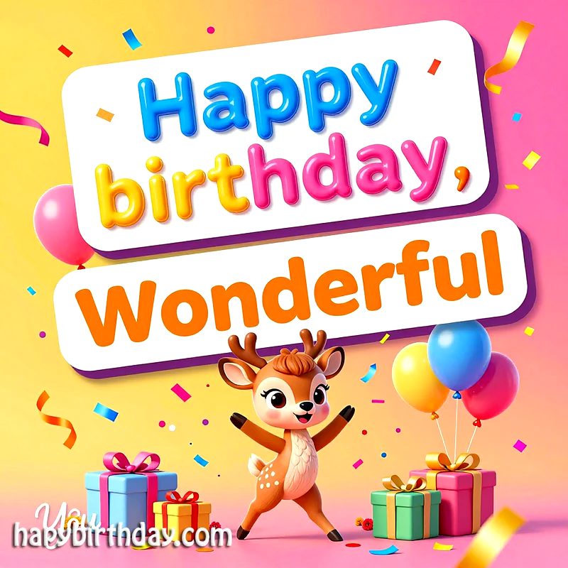 A cheerful cartoon deer with open arms celebrating amidst colorful confetti, balloons, and wrapped presents. A vibrant birthday message says 'Happy birthday, Wonderful' on a bright pink and yellow background.