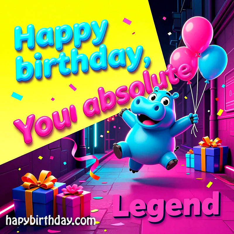 Happy birthday, you absolute Legend! Birthday card with blue hippo