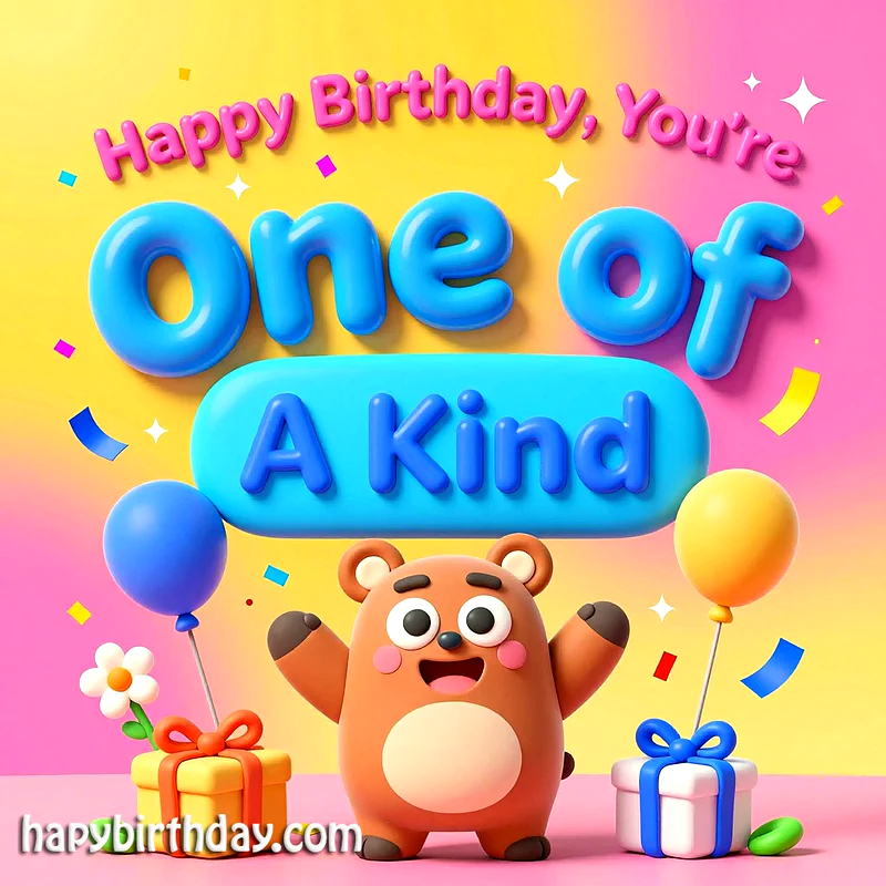 A cheerful brown bear waves between two gift boxes and balloons. Bright pink and yellow backdrop with confetti. Text reads 'Happy Birthday, You're One of A Kind', conveying a sweet, unique birthday wish.