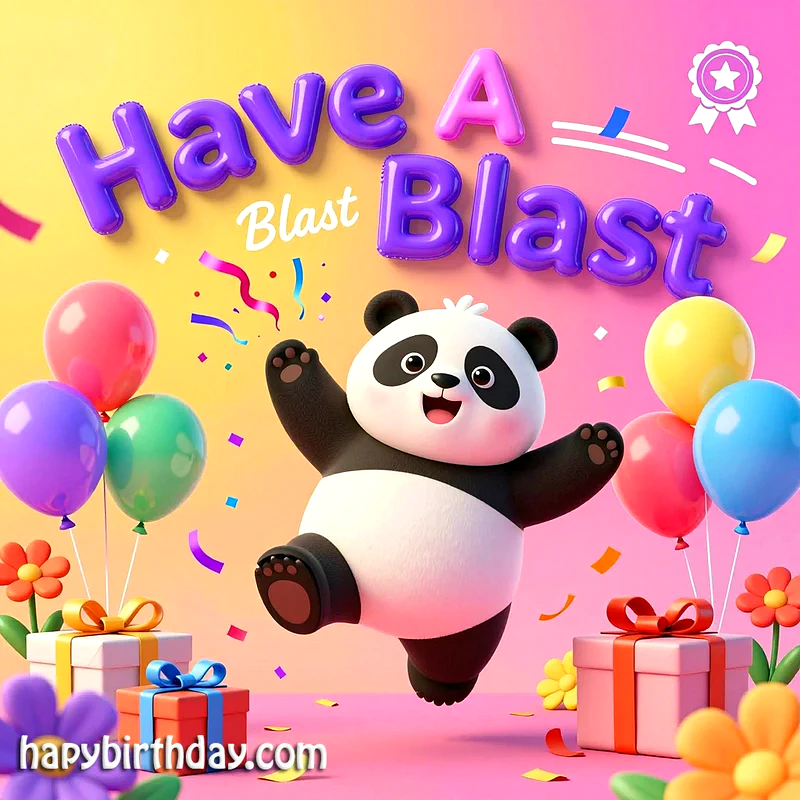 A happy cartoon panda jumping amidst colorful balloons and wrapped gifts, with confetti falling and the text 'Have A Blast!' in vibrant balloon letters, conveying a cheerful birthday celebration.