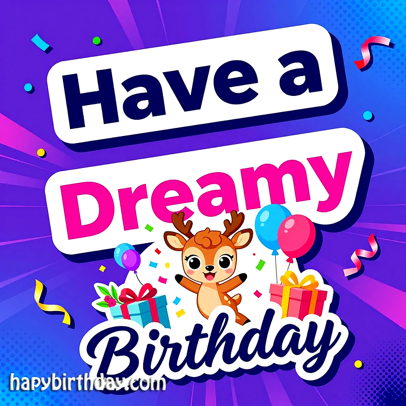 A vibrant birthday card featuring an adorable cartoon deer amidst colorful balloons, confetti, and wrapped gifts, with the sweet text 'Have a Dreamy Birthday' for a joyous celebration.