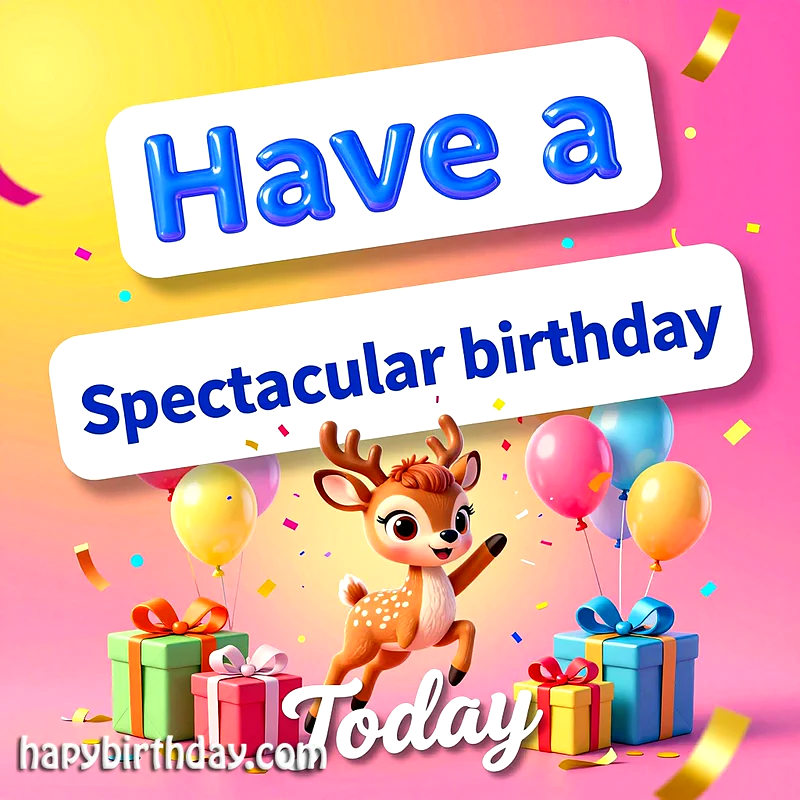A cheerful cartoon deer with antlers prancing amidst colorful gifts, vibrant balloons, and falling confetti, wishing a spectacular birthday with bright text.