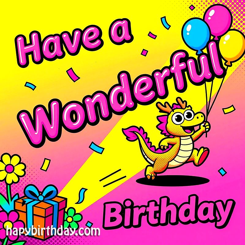 Have a Wonderful Birthday Card with Cute Dragon and Balloons