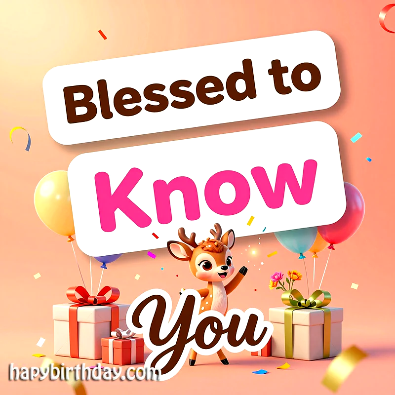 A cute animated deer standing among colorful balloons and wrapped gift boxes, with confetti scattered around, wishing 'Blessed to Know You' on a joyful peach background.